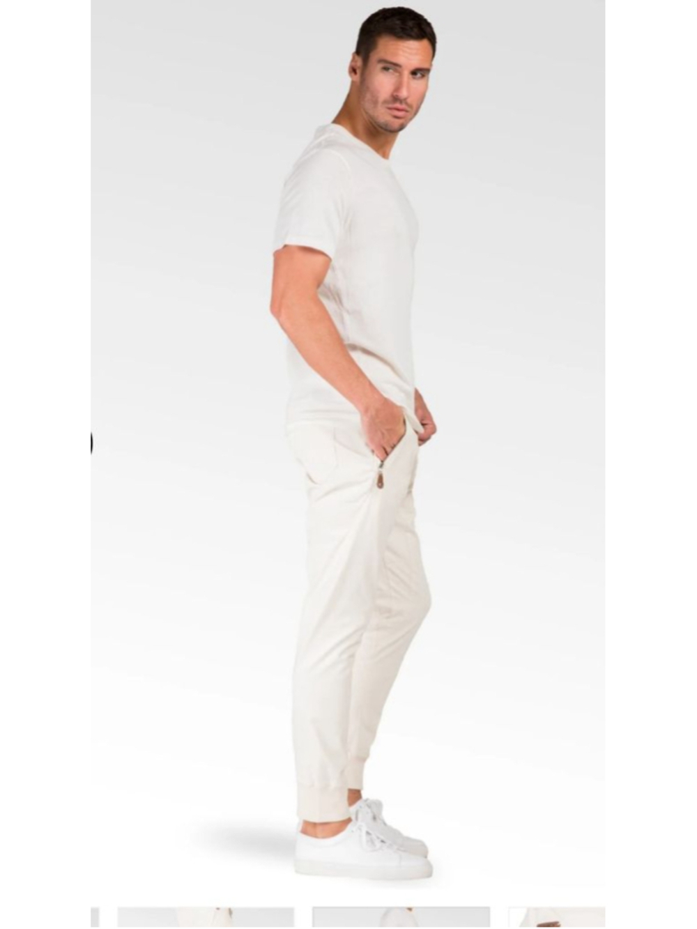 Relaxed Ecru Premium Stretch Twill Drop Crotch Jogger Jeans Zipper Pocket. SZ 34
